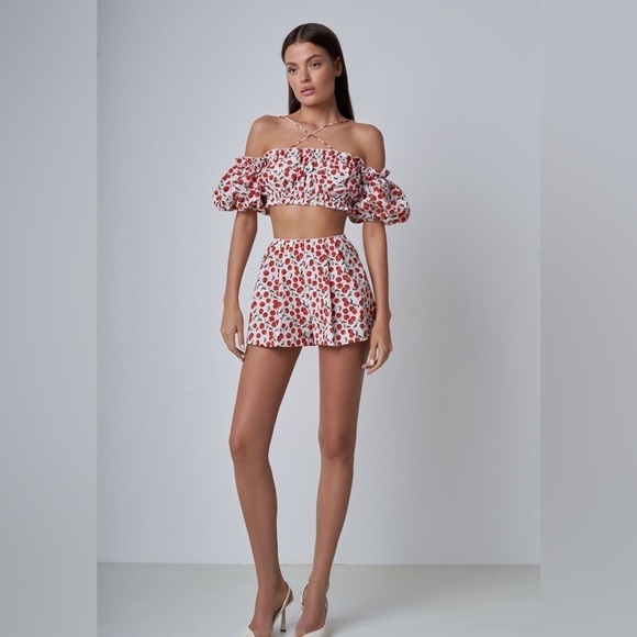 Calligraphie floral puff sleeve short set w/ cropped blouse M - Picture 1 of 6